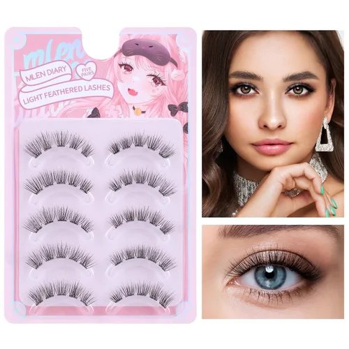 Miniatura 7 de Pestañas postizas de banda transparente natural, pestañas postizas de visón sintético, ojo de gato, 0.276-0.472 in, rizo D, volumen corto, 5 pares