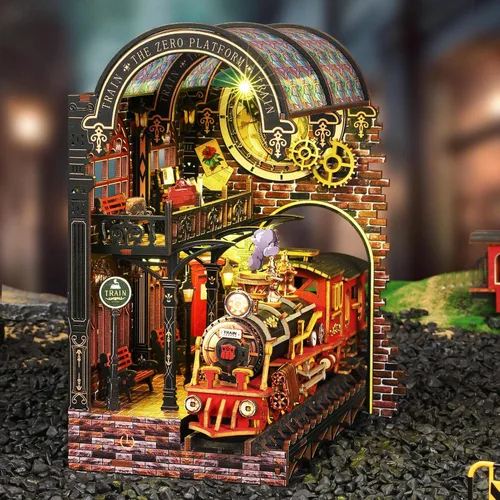 Miniatura 8 de Kit de rincón de libros, kit de bricolaje en miniatura de casa de muñecas con tren de vapor, rompecabezas de madera 3D para colgar libros con LED