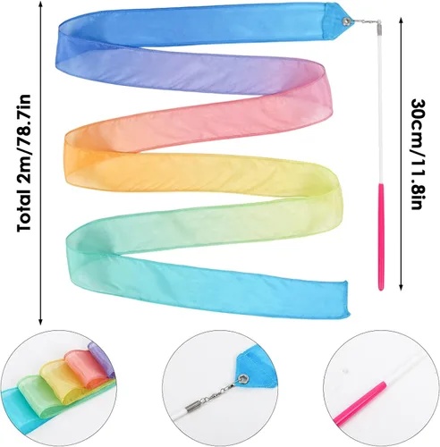 Miniatura 3 de YGEOMER 2 varillas bailarinas de cinta de seda 100% pura para niños, cinta de gimnasia y serpentinas arcoíris pastel para baile de maypole, fiesta