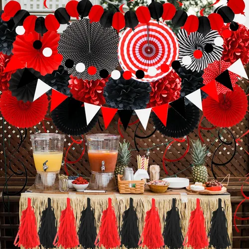 Miniatura 8 de ZERODECO - Decoraciones de fiesta, 41 piezas de abanicos de papel negros y rojos, pompones, guirnaldas, hilo, papel de seda y borlas para Negro Rojo