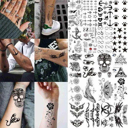 Miniatura 5 de VANTATY 50 hojas de tatuajes temporales negros para hombres y adultos, animales de lobo león dragón, falsos pequeños tatuajes temporales