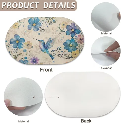 Miniatura 5 de Blue Flower Dining Table Mats Set of 2 Hummingbird Heat Resistant Placemats Washable and Wipeable Non Slip Place Mat, Waterproof Modern Dining Table