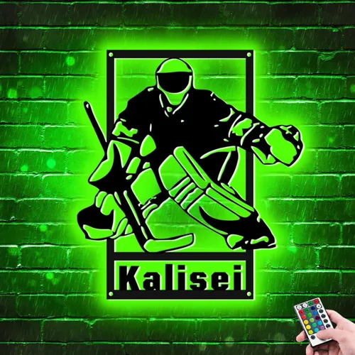 Miniatura 16 de Arte de pared de hockey con nombre y número personalizado, letrero de metal personalizado para jugador de hockey con luz LED, letrero de neón