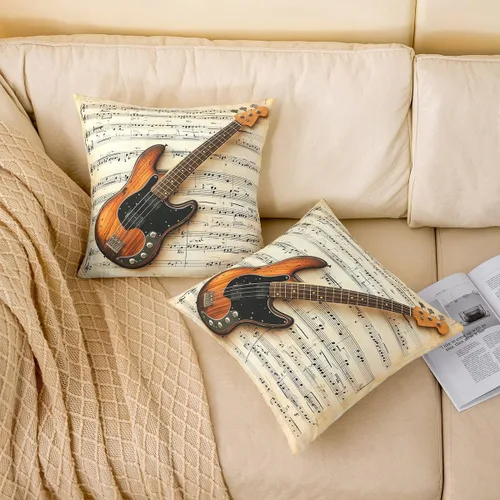 Miniatura 2 de Guitar Print Double Sides Print Pillow Covers 16"x16",Music Themed Bass Instruments Pillowcase Soft Square Cushion Cases,Rustic Music Score Note