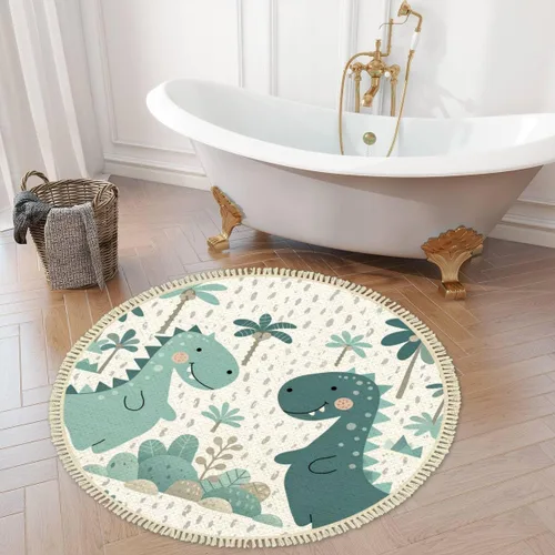 Miniatura 7 de Round Rugs - Alfombra de dinosaurio para bebé y niño, diseño escandinavo, bonita alfombra de lino y algodón, alfombra de meditación, lavable