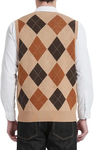 Miniatura 3 de Kallspin Suéter tipo chaleco con rombos para hombre, mezcla de lana, cuello en V, sin mangas