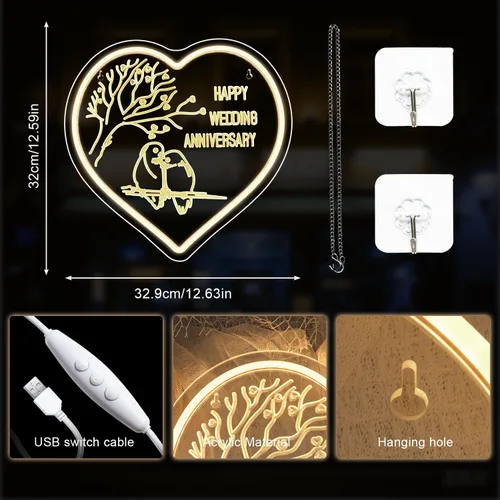 Miniatura 5 de Lucunstar Letrero LED de neón para boda, feliz aniversario, para decoración de pared, luz LED blanca cálida, letreros de amor, decoración de corazón