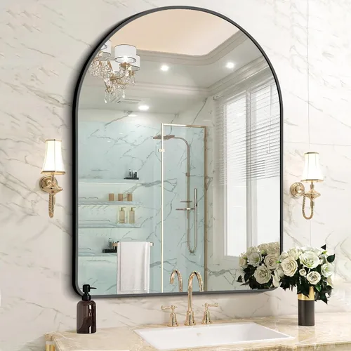 Miniatura 26 de FORBATH Espejo de baño arqueado de 16 x 24 pulgadas, espejo de baño negro montado en la pared, moderno marco de aleación de aluminio, espejo de arco