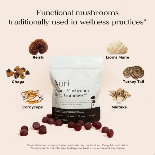 Miniatura 4 de Auri Nutrition Super Mushroom Daily Gummies – Gomitas funcionales todo en uno con 12 mezclas de hongos, incluyendo melena de león, reishi, chaga