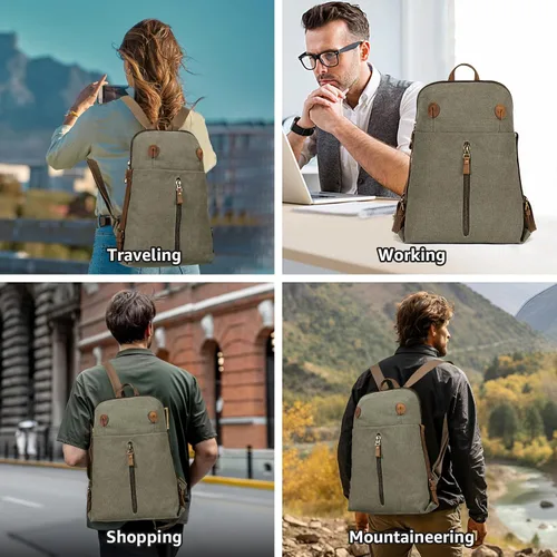 Miniatura 5 de KL928 Mochila de lona vintage para hombres y mujeres, mochila para laptop, mochila de viaje, bolsa de viaje al aire libre, verde oliva