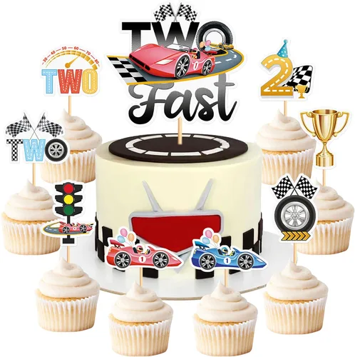 Miniatura 10 de 24 piezas de adornos para cupcakes de coche de carreras, trofeo brillante, bandera de carreras, decoraciones de pastel con temática de carreras