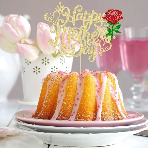 Miniatura 4 de Gyufise 1 pieza de decoración de pastel para el Día de la Madre con purpurina de corazón Love You Mom Cake Pick Rose Flower Best Mom Cupcake Decor