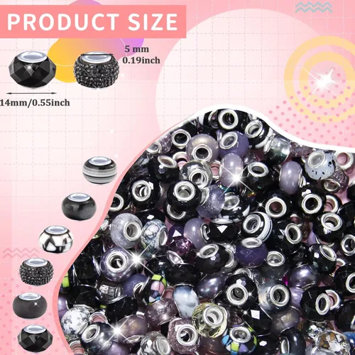 Miniatura 2 de 60 Piezas Cuentas Espaciadoras de Agujero Grande Cuentas Negras Surtidas Europeas para Manualidades Cuentas Grandes de Agujero Grande Lampwork