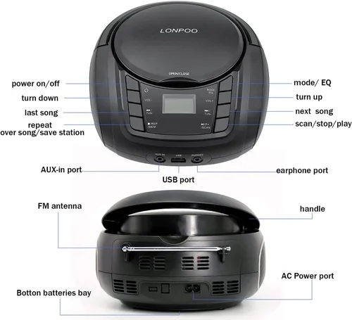 Miniatura 7 de LONPOO Reproductor de CD portátil Boombox con radio FM/USB/Bluetooth/entrada AUX y salida de jack de auriculares, altavoz de sonido estéreo