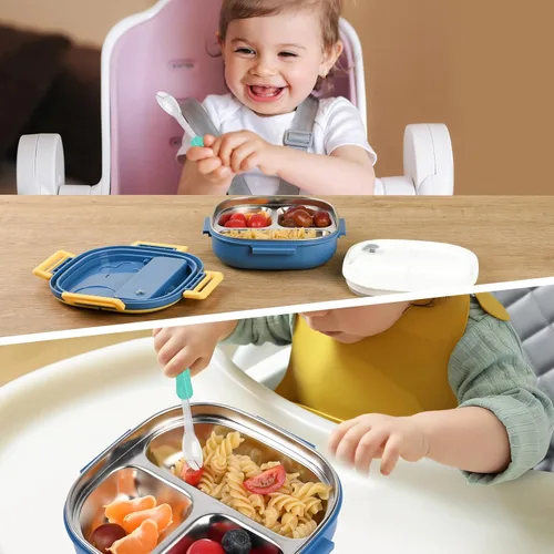 Miniatura 5 de Pequeña mini caja Bento o caja de aperitivos con 3 compartimentos extraíbles de acero inoxidable y cubiertos para bebé de 0 a 24 meses, a prueba