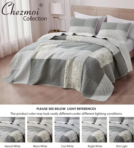 Miniatura 5 de Chezmoi Collection Cooper - Juego de edredón de retazos de 2 piezas, color gris apagado, blanco marfil, estampado floral a cuadros, colcha