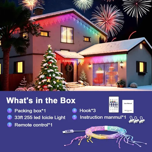 Miniatura 8 de AHAWILL - Luces de carámbano para exteriores, luces de Navidad al aire libre de 33 pies con 255 LED regulables, IP65 impermeables, luces de cadena