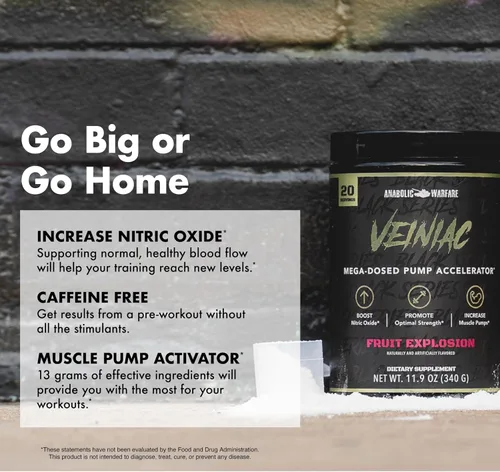 Miniatura 8 de Anabolic Warfare Veiniac - Suplemento activador de bomba muscular sin estimulantes antes del entrenamiento con L-citrulina, betaína anhidra y AGMass