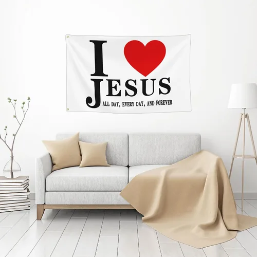 Miniatura 6 de Bandera de Jesús con texto en inglés "I Love Jesus", bandera cristiana de fe sobre el miedo de Jesús, 3 x 5 pulgadas, para exteriores, doble cara