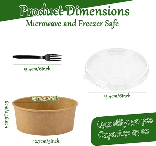 Miniatura 3 de Retainbre Paquete de 50 unidades 25 oz Cuencos de papel desechables con tapas y tenedores para ensaladas para llevar, recipientes para comida fría