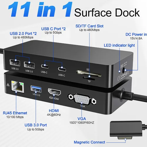 Miniatura 2 de Estación de acoplamiento para superficie, 11 en 1 monitor dual 4K @60Hz HDMI + VGA Surface Dock, para Surface Pro 11/10/9/8/X/7/6/5/4, Surface