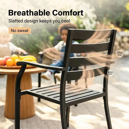 Miniatura 5 de Juego de 2 sillas de comedor apilables negras para patio, sillas bistró de metal para exteriores con reposabrazos, muebles de patio para todo tipo