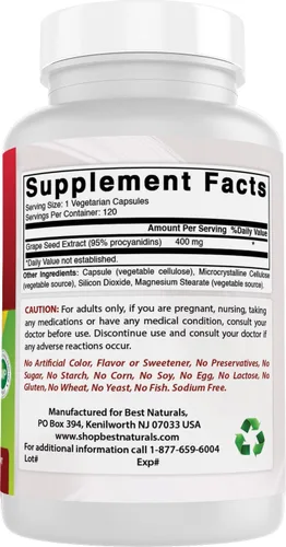 Miniatura 6 de Best Naturals Extracto de semilla de uva 400 mg cápsula vegetariana, 120