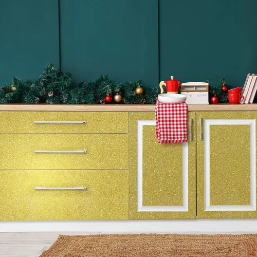 Miniatura 4 de CHIHUT Papel adhesivo Gold Sparkle de 15.7 x 100 pulgadas, papel tapiz con purpurina dorada, autoadhesivo, extraíble, papel de pared dorado, papel
