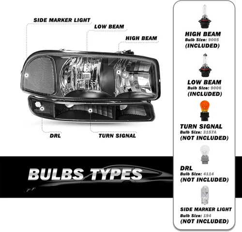 Miniatura 7 de SOCKIR 6 piezas para 1999-2002 GMC Sierra 00-06 Yukon conjunto de faros y luces antiniebla + faro delantero de parque/señal LH+RH con bombillas