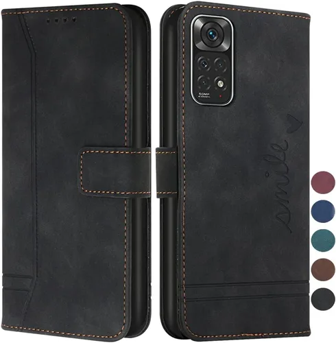 Funda tipo cartera para Xiaomi Redmi Note 11, Redmi Note 11 Funda con tarjetero Funda de cuero con función atril Protección completa magnética Negro