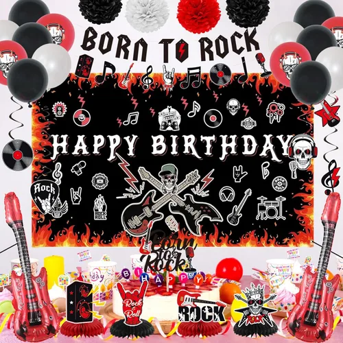 Miniatura 5 de Crenics Decoraciones de Fiesta de Cumpleaños Rock and Roll - Telón de Fondo de Feliz Cumpleaños, Pancarta Born to Rock, Remolinos, Panal de Abeja