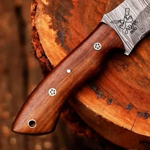 Miniatura 9 de Cuchillo de caza de acero de Damasco de hoja fija con funda de piel, cuchillo de caza de 9 pulgadas con mango entero para despellejar, mango