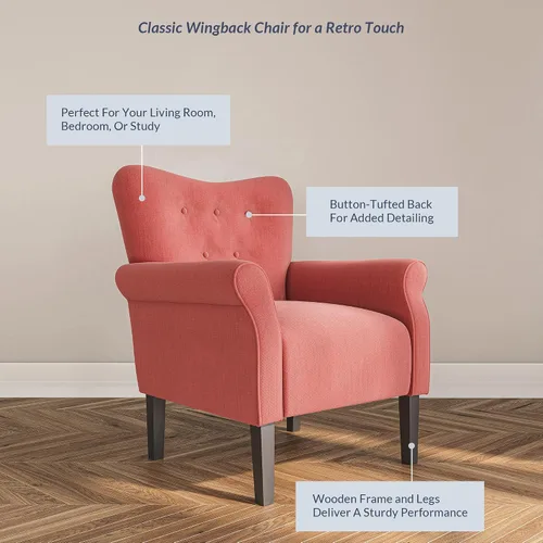 Miniatura 5 de BELLEZE Silla decorativa moderna, sillón de respaldo alto, sillón lateral tapizado estilo ala, sofá individual acolchado con patas de madera