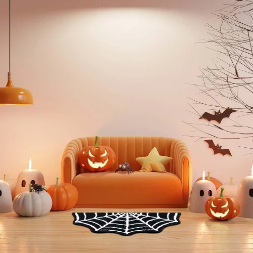 Miniatura 6 de Paquete de 2 tapetes de baño de tela de araña, 31 x 20 pulgadas, decoración de Halloween, alfombras de telaraña, tapetes antideslizantes