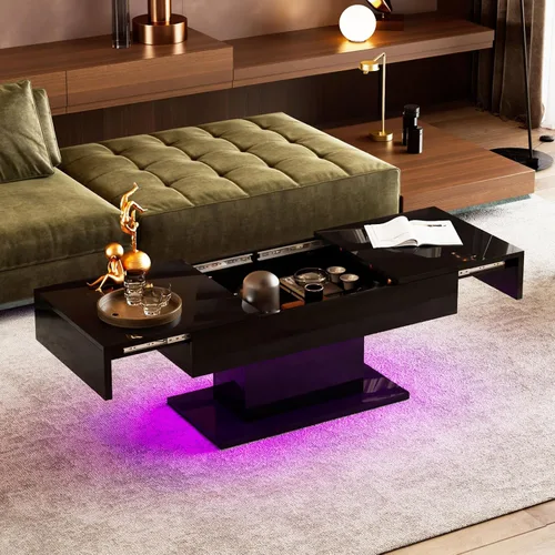 Miniatura 7 de Mesa de café negra moderna con almacenamiento oculto para sala de estar, mesa central rectangular de sala de estar con tapa deslizante y luces LED
