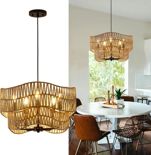 Miniatura 10 de Lámpara antigua para comedor, lámpara colgante de ratán de 4 luces con pantalla de tambor, luz colgante de techo de mimbre tejida ajustable, lámpara
