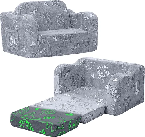 MeMoreCool Sofá para niños que brilla en la oscuridad – Sillón convertible 2 en 1 y tumbona para siestas, estampado de perros, liviano, lavable para