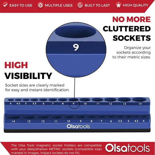 Miniatura 2 de Olsa Tools Portadados magnético, para dados métricos con cuadros de mando de 1/4 de pulgada, color azul, caben 26 dados, organizador de herramientas