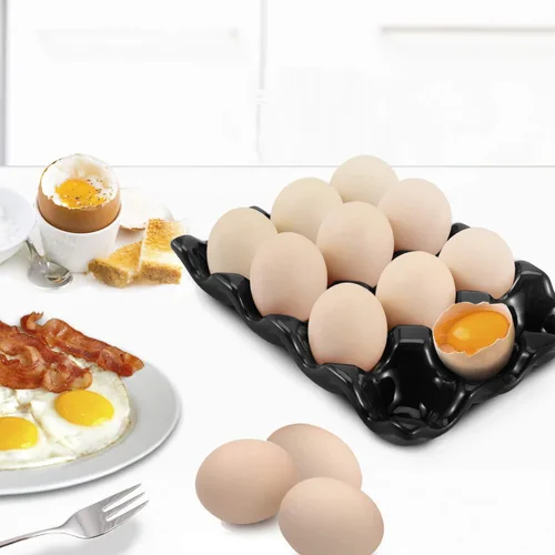 Miniatura 3 de Flexzion Bandeja de Cerámica para 12 Huevos - Portahuevos de Porcelana para Docena Completa Contenedor Organizador de Almacenamiento Soporte