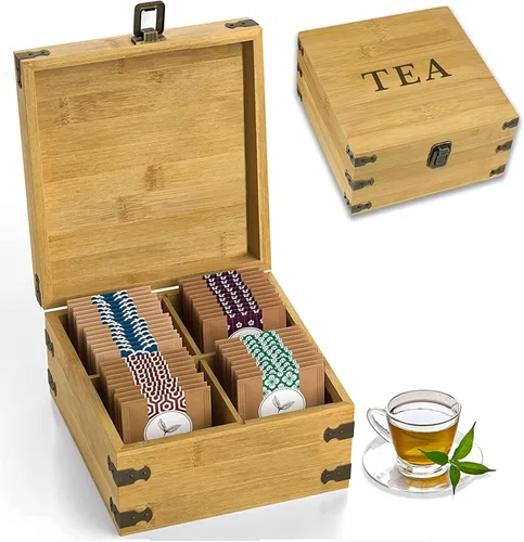 Caja Organizadora de Té 7.4" x 8.1" x 4.2" Organizador de Madera de Bambú Cofre de Almacenamiento 4 Ranuras Altas Ajustables 100% Hecho a Mano