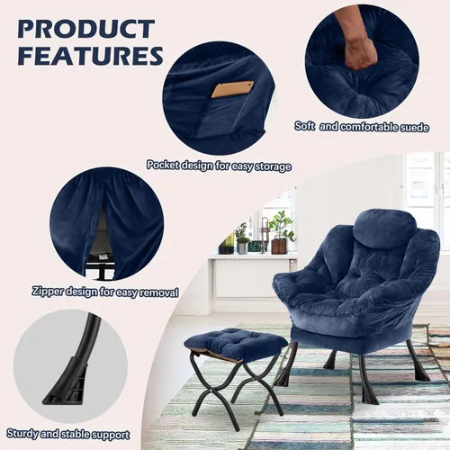 Miniatura 5 de Silla perezosa con otomana plegable, sofá de ocio, sillón de tela suave con reposabrazos y bolsillos laterales, silla de lectura con reposapiés