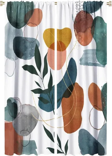 Miniatura 26 de Cortinas opacas de arte abstracto de mediados de siglo para dormitorio, cortinas modernas de estilo bohemio con hojas geométricas florales, cortinas