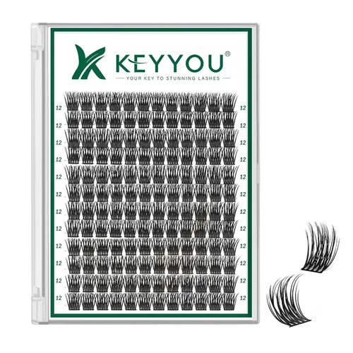 Miniatura 32 de KEYYOU Racimos de pestañas, 96 piezas de extensiones de pestañas DIY, rizado D de 16 mm, negro, realista, no irritante, fácil de colocar en casa