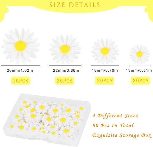 Miniatura 2 de 80 piezas de flores de margarita de resina, dijes de flores de CCOZN con parte trasera plana con caja de almacenamiento, pequeñas cuentas de flores