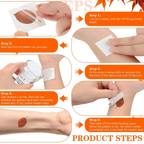 Miniatura 3 de Nosiny 240 tatuajes temporales con purpurina de otoño, calcomanías de hojas de arce, calcomanías de tatuaje de otoño con hojas de otoño, tatuajes