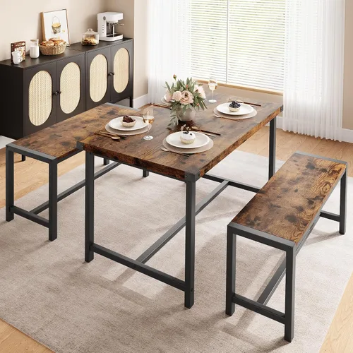 Miniatura 2 de Juego de mesa de comedor de granja para 4, juego de mesa de cocina de 3 piezas con 2 bancos, mesa rectangular pequeña y bancos para comedor, cocina