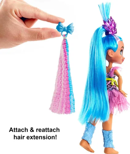 Miniatura 5 de Mattel Cave Club Tella Doll (10 pulgadas, pelo azul) Muñeca prehistórica poseible de moda con mascota dinosaurio y accesorios, regalo para niños