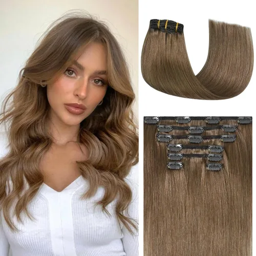 Miniatura 34 de Honsoo Extensiones de cabello humano real de color marrón con pinzas, marrón castaño, 15 pulgadas, 70 g, 7 unidades, cabello lacio sedoso y marrón