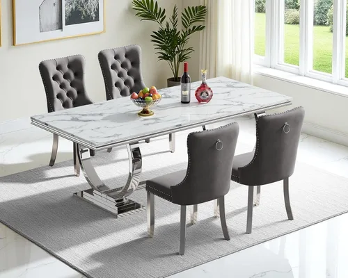 Miniatura 11 de Juego de mesa de comedor de mármol para 4, mesa de cocina rectangular de mármol blanco de 70 pulgadas con base en O de acero inoxidable dorado