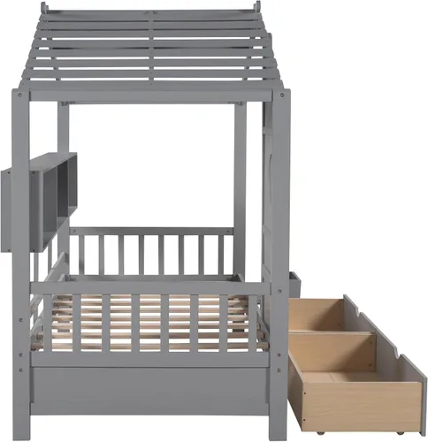 Miniatura 6 de Bellemave Cama de casa para niños de tamaño individual con 2 cajones y estantes de almacenamiento, marco de cama Montessori de madera con ventana